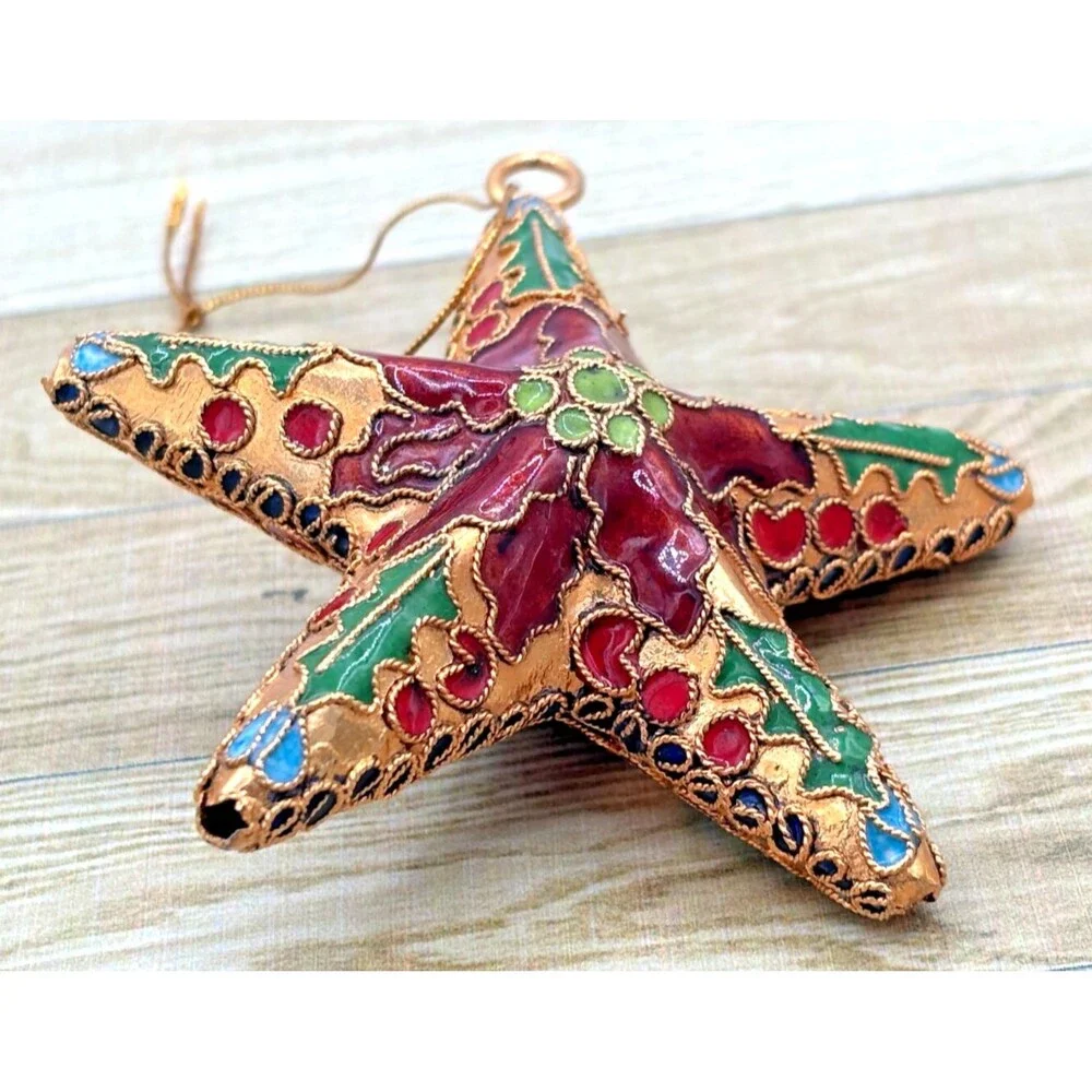 Cloisonne Red Enamel Gold Metal Holly Floral Star Christmas Hanging Ornament EUC